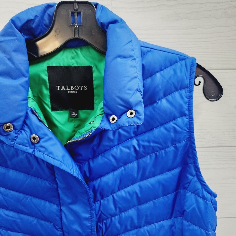 Talbots Down Filled Blue Puffer Vest Chevron Quilted Snap Zip Front Small Petite - Picture 2 of 7